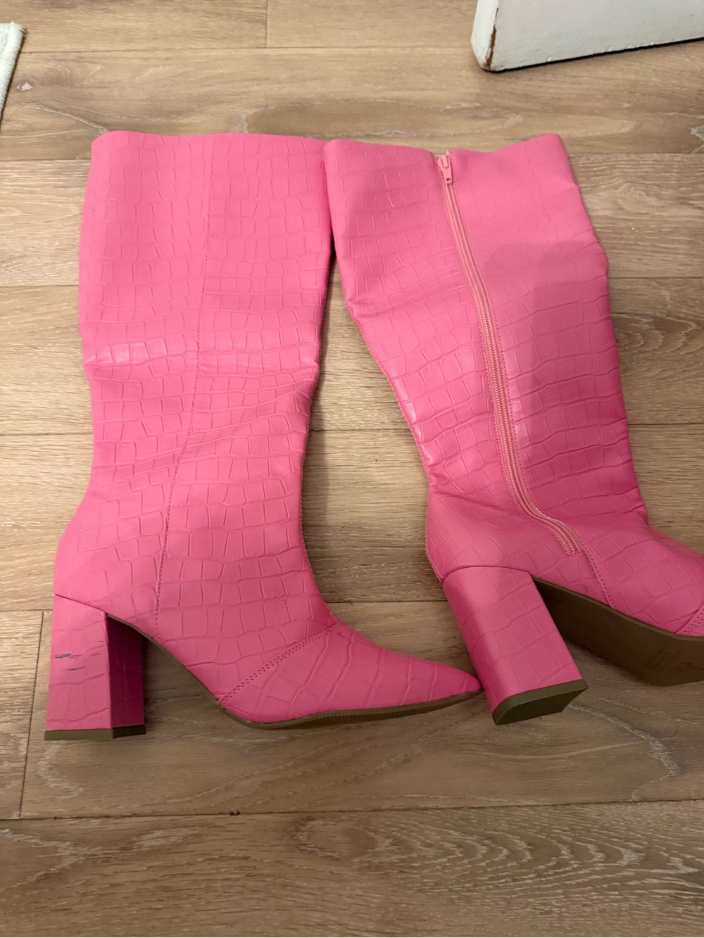 Pink Croc-Embossed Mid-Calf Block Heel Boots